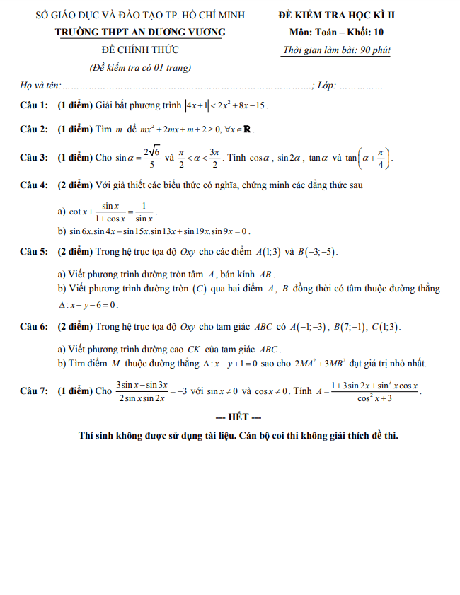 Đề thi học kì 2 (HK2) lớp 10 môn Toán năm 2019 2020 trường THPT An Dương Vương TP HCM