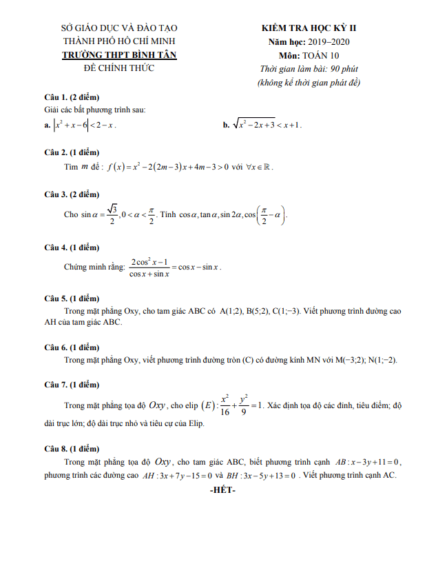 Đề thi học kì 2 (HK2) lớp 10 môn Toán năm 2019 2020 trường THPT Bình Tân TP HCM
