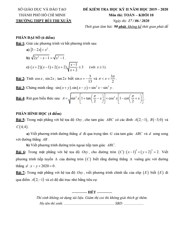 Đề thi học kì 2 (HK2) lớp 10 môn Toán năm 2019 2020 trường THPT Bùi Thị Xuân TP HCM