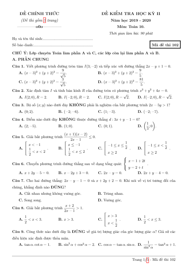 Đề thi học kì 2 (HK2) lớp 10 môn Toán năm 2019 2020 trường THPT chuyên Hạ Long Quảng Ninh