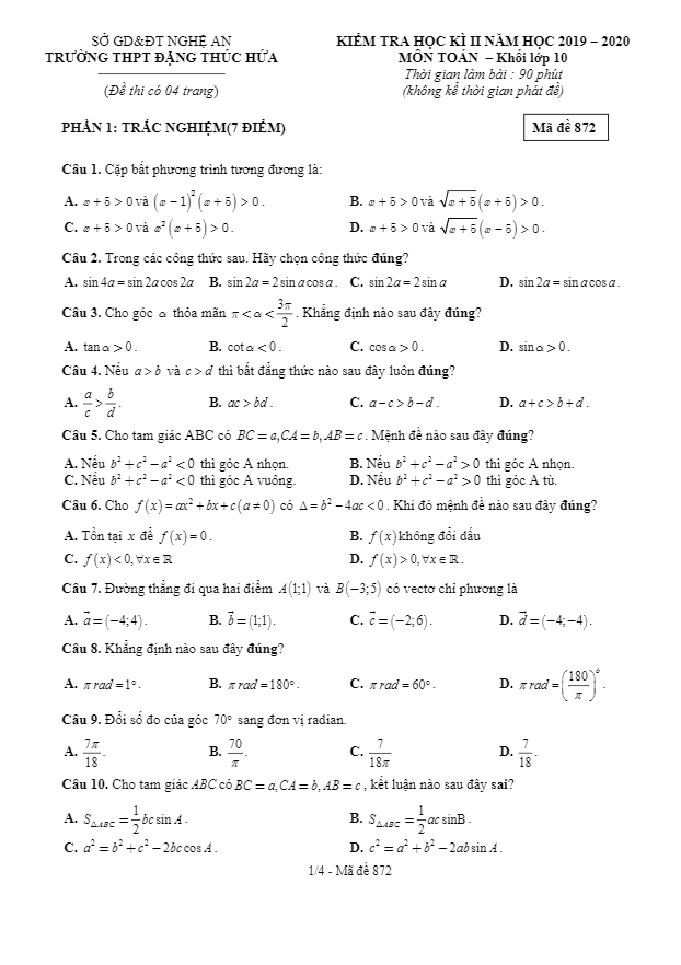 Đề thi học kì 2 (HK2) lớp 10 môn Toán năm 2019 2020 trường THPT Đặng Thúc Hứa Nghệ An
