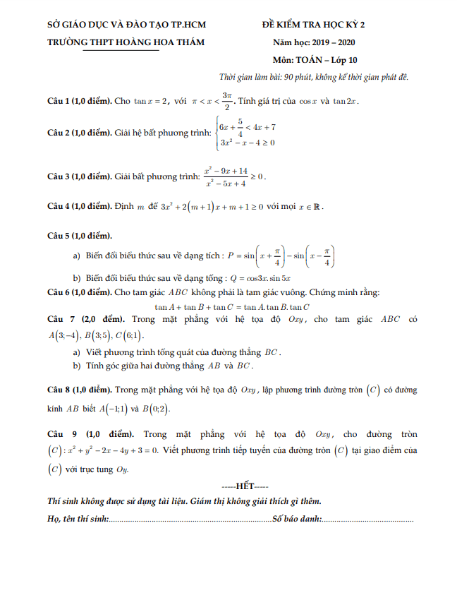 Đề thi học kì 2 (HK2) lớp 10 môn Toán năm 2019 2020 trường THPT Hoàng Hoa Thám TP HCM