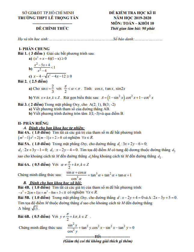 Đề thi học kì 2 (HK2) lớp 10 môn Toán năm 2019 2020 trường THPT Lê Trọng Tấn TP HCM