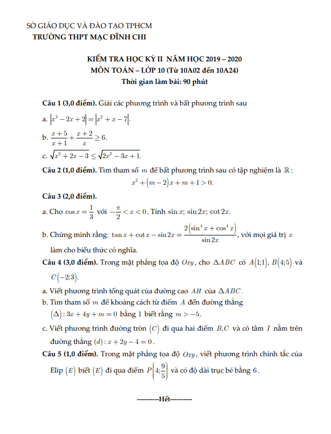 Đề thi học kì 2 (HK2) lớp 10 môn Toán năm 2019 2020 trường THPT Mạc Đĩnh Chi TP HCM