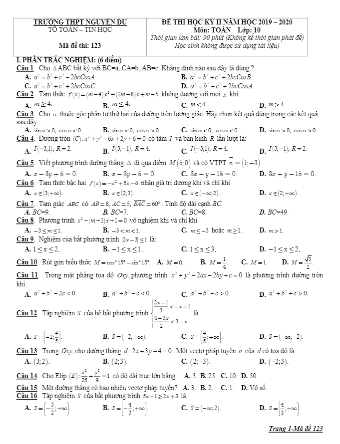 Đề thi học kì 2 (HK2) lớp 10 môn Toán năm 2019 2020 trường THPT Nguyễn Du Lâm Đồng