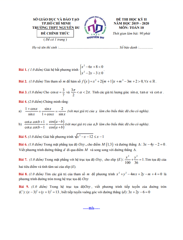 Đề thi học kì 2 (HK2) lớp 10 môn Toán năm 2019 2020 trường THPT Nguyễn Du TP HCM