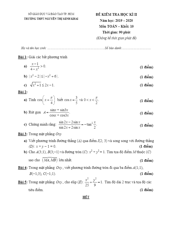 Đề thi học kì 2 (HK2) lớp 10 môn Toán năm 2019 2020 trường THPT Nguyễn Thị Minh Khai TP HCM