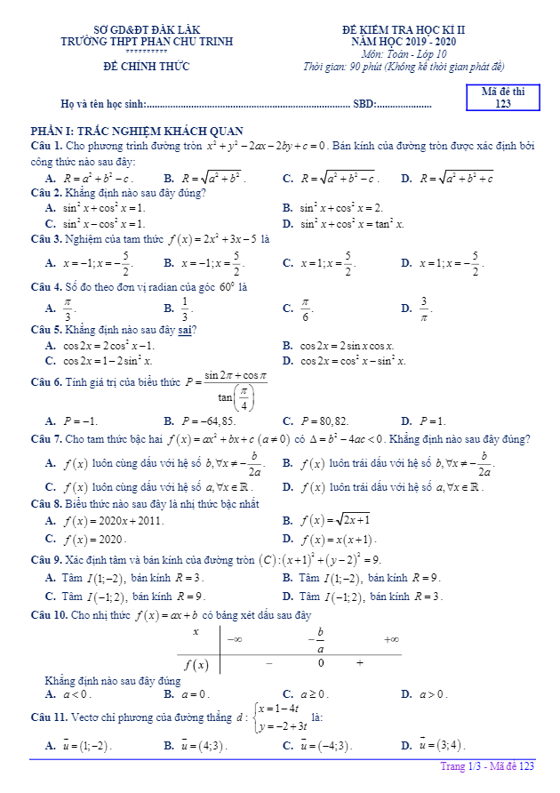 Đề thi học kì 2 (HK2) lớp 10 môn Toán năm 2019 2020 trường THPT Phan Chu Trinh Đắk Lắk