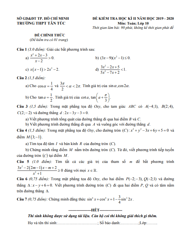 Đề thi học kì 2 (HK2) lớp 10 môn Toán năm 2019 2020 trường THPT Tân Túc TP HCM