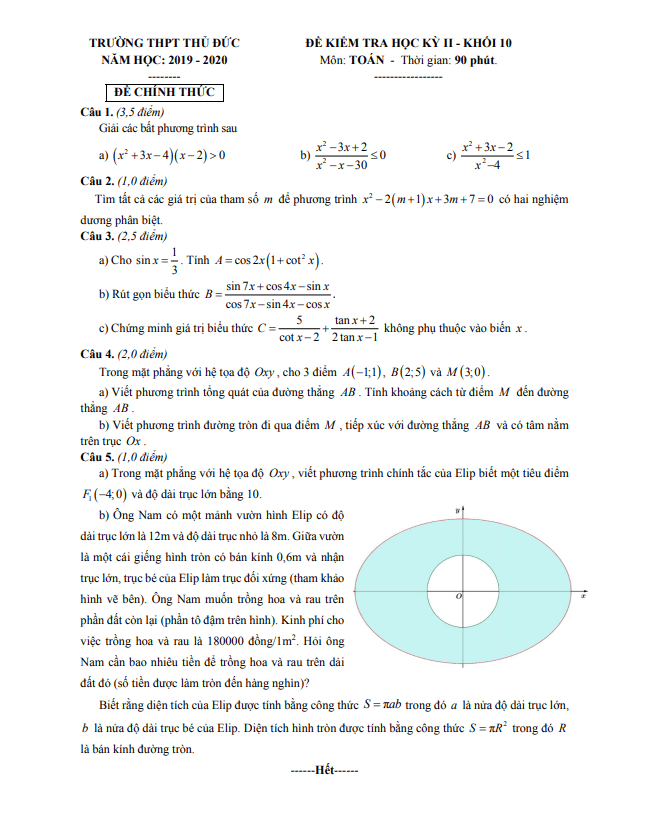 Đề thi học kì 2 (HK2) lớp 10 môn Toán năm 2019 2020 trường THPT Thủ Đức TP HCM