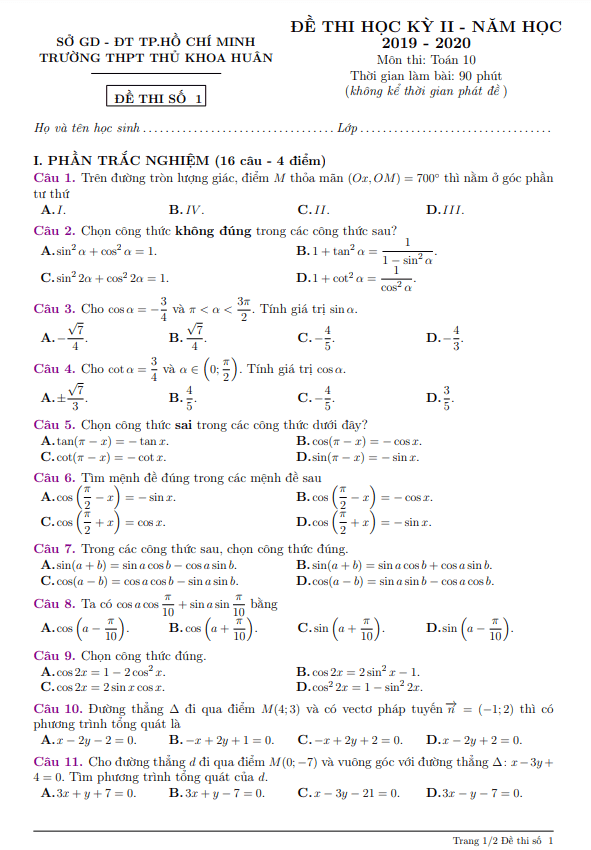 Đề thi học kì 2 (HK2) lớp 10 môn Toán năm 2019 2020 trường THPT Thủ Khoa Huân TP HCM