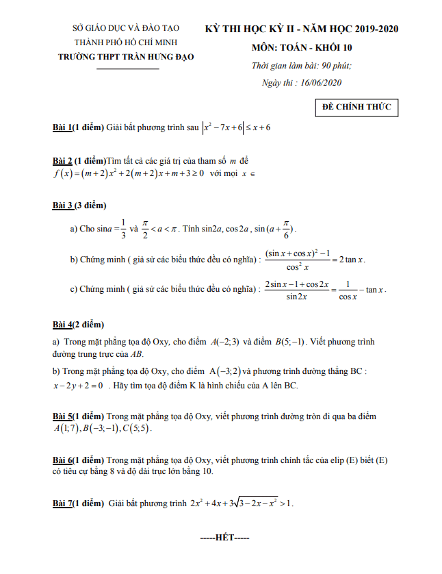 Đề thi học kì 2 (HK2) lớp 10 môn Toán năm 2019 2020 trường THPT Trần Hưng Đạo TP HCM