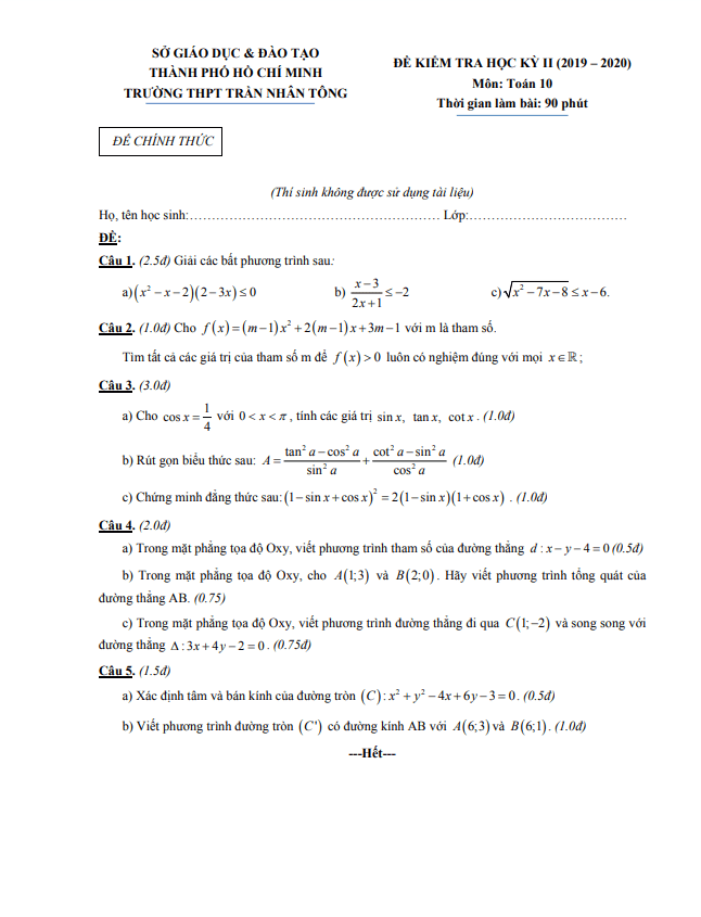 Đề thi học kì 2 (HK2) lớp 10 môn Toán năm 2019 2020 trường THPT Trần Nhân Tông TP HCM
