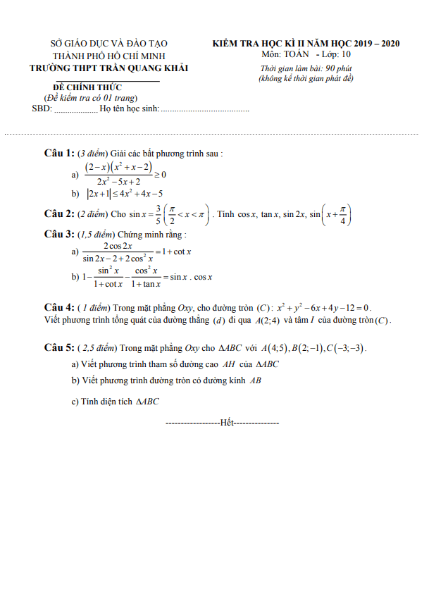 Đề thi học kì 2 (HK2) lớp 10 môn Toán năm 2019 2020 trường THPT Trần Quang Khải TP HCM