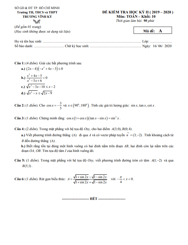 Đề thi học kì 2 (HK2) lớp 10 môn Toán năm 2019 2020 trường Trương Vĩnh Ký TP HCM