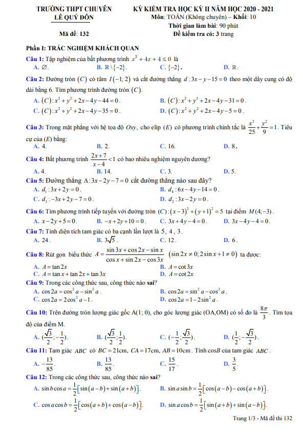 Đề thi học kì 2 (HK2) lớp 10 môn Toán năm 2020 2021 trường chuyên Lê Quý Đôn Khánh Hòa