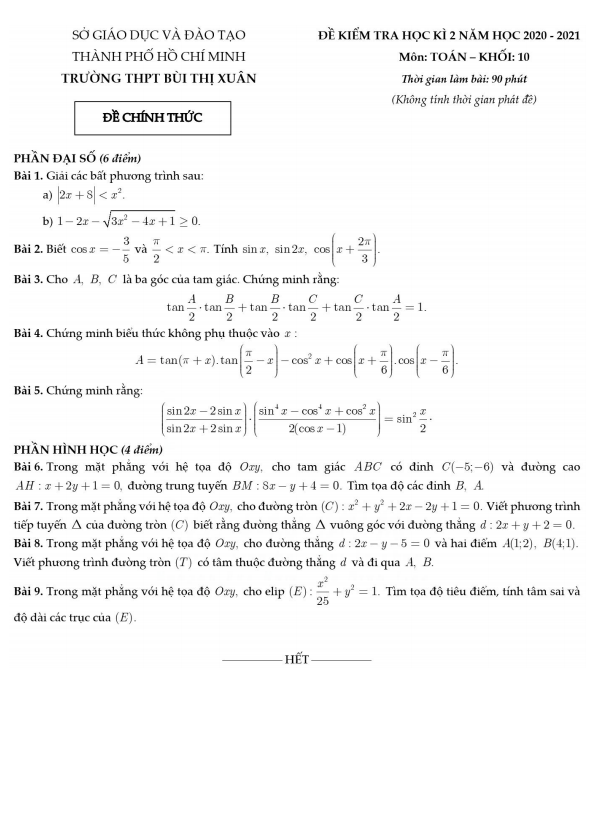 Đề thi học kì 2 (HK2) lớp 10 môn Toán năm 2020 2021 trường THPT Bùi Thị Xuân TP HCM
