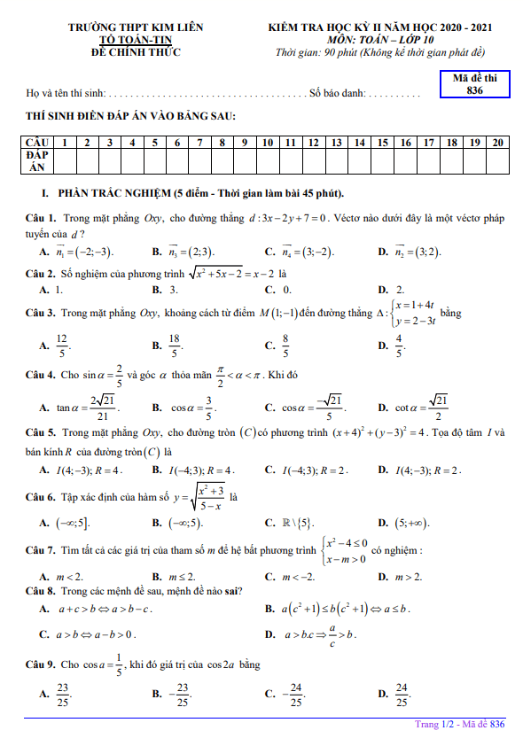 Đề thi học kì 2 (HK2) lớp 10 môn Toán năm 2020 2021 trường THPT Kim Liên Hà Nội