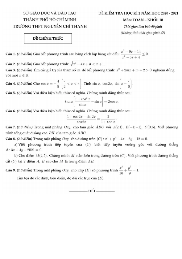 Đề thi học kì 2 (HK2) lớp 10 môn Toán năm 2020 2021 trường THPT Nguyễn Chí Thanh TP HCM