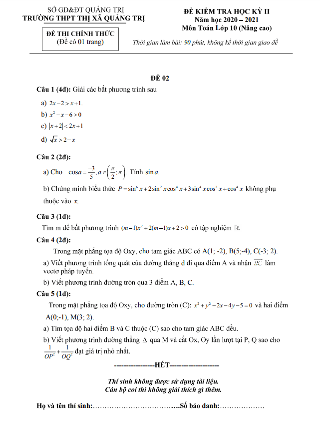 Đề thi học kì 2 (HK2) lớp 10 môn Toán năm 2020 2021 trường THPT Thị xã Quảng Trị