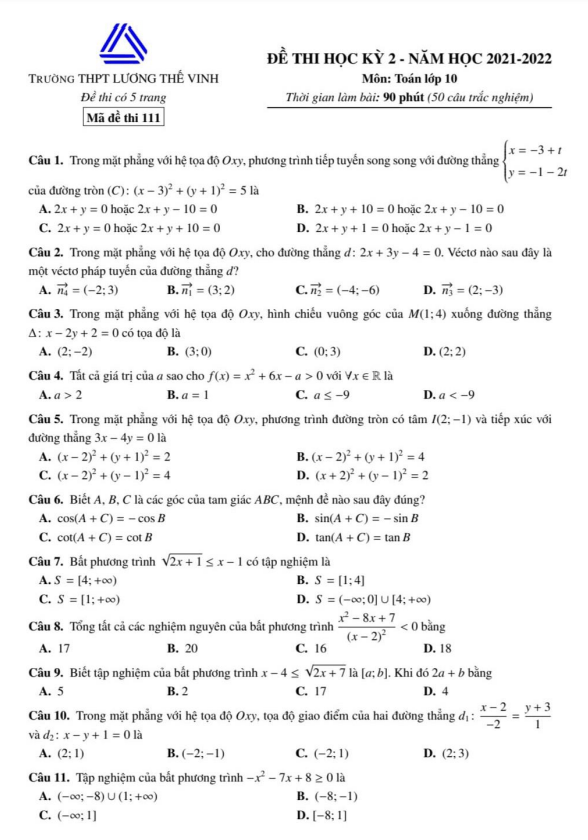 Đề thi học kì 2 (HK2) lớp 10 môn Toán năm 2021 2022 trường Lương Thế Vinh Hà Nội