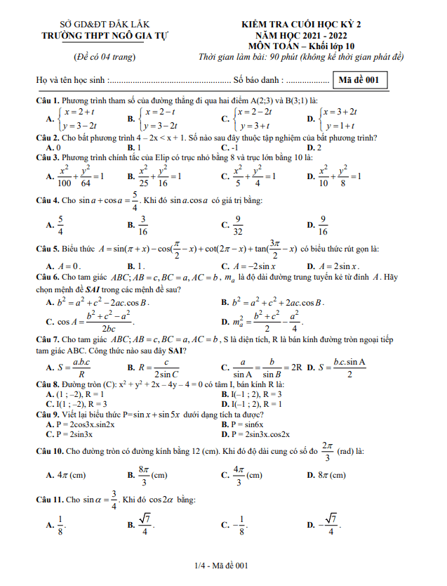 Đề thi học kì 2 (HK2) lớp 10 môn Toán năm 2021 2022 trường THPT Ngô Gia Tự Đắk Lắk