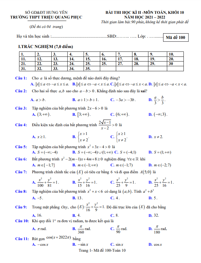 Đề thi học kì 2 (HK2) lớp 10 môn Toán năm 2021 2022 trường THPT Triệu Quang Phục Hưng Yên
