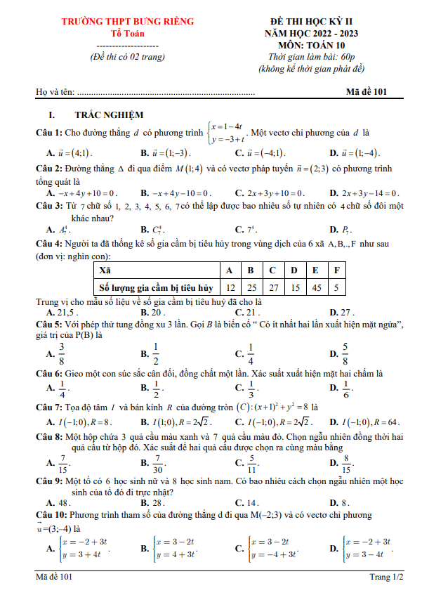 Đề thi học kì 2 (HK2) lớp 10 môn Toán năm 2022 2023 trường THPT Bưng Riềng BR VT