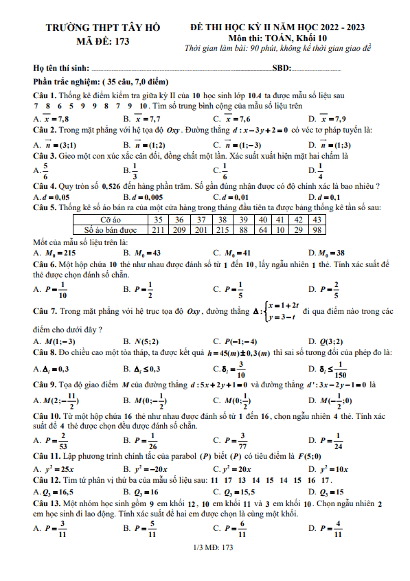 Đề thi học kì 2 (HK2) lớp 10 môn Toán năm 2022 2023 trường THPT Tây Hồ Hà Nội