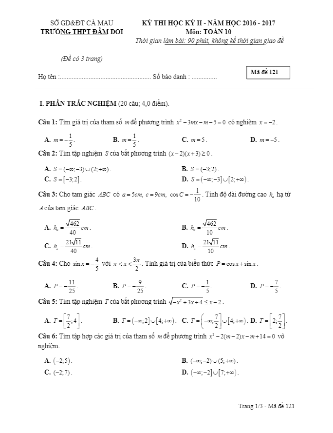 Đề thi học kì 2 (HK2) lớp 10 môn Toán năm học 2016 2017 trường THPT Đầm Dơi Cà Mau