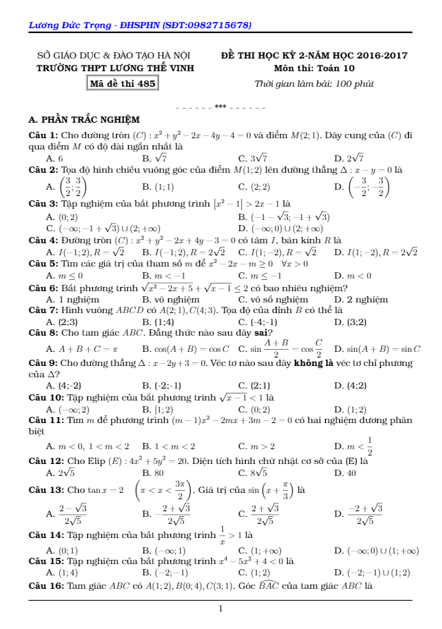 Đề thi học kì 2 (HK2) lớp 10 môn Toán năm học 2016 2017 trường THPT Lương Thế Vinh Hà Nội