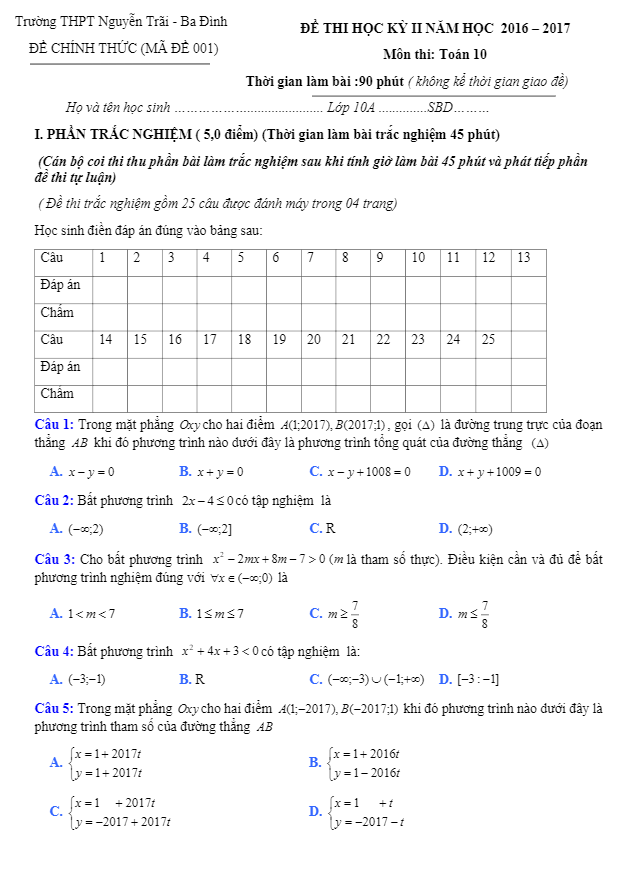 Đề thi học kì 2 (HK2) lớp 10 môn Toán năm học 2016 2017 trường THPT Nguyễn Trãi Hà Nội