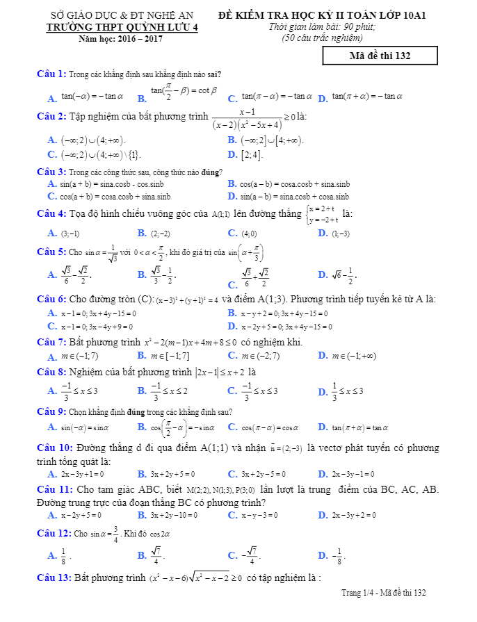 Đề thi học kì 2 (HK2) lớp 10 môn Toán năm học 2016 2017 trường THPT Quỳnh Lưu 4 Nghệ An