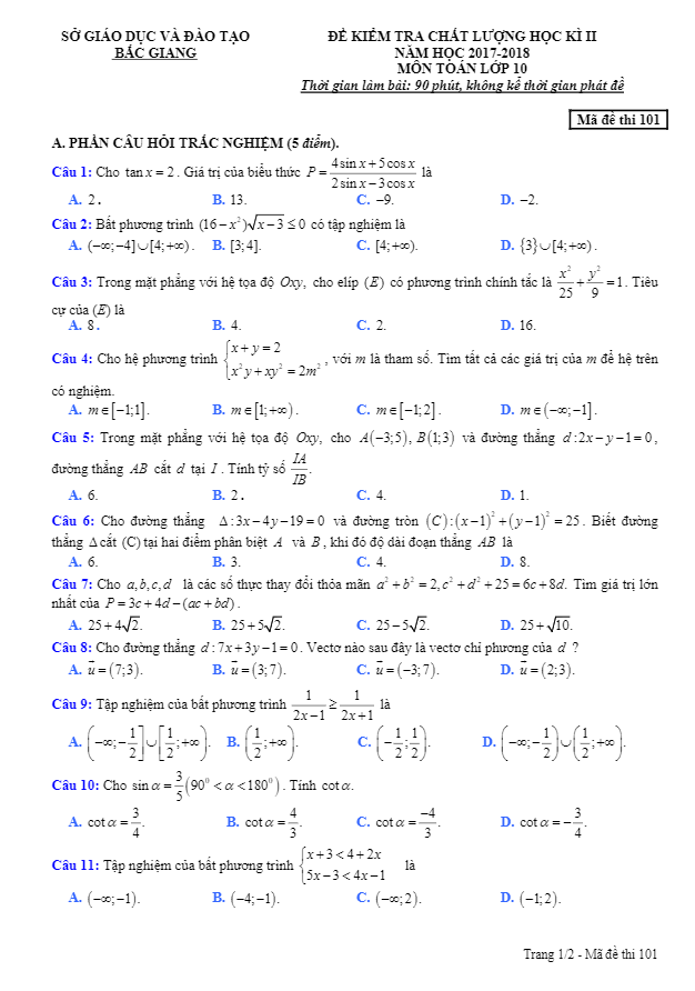 Đề thi học kì 2 (HK2) lớp 10 môn Toán năm học 2017 2018 sở GD và ĐT Bắc Giang