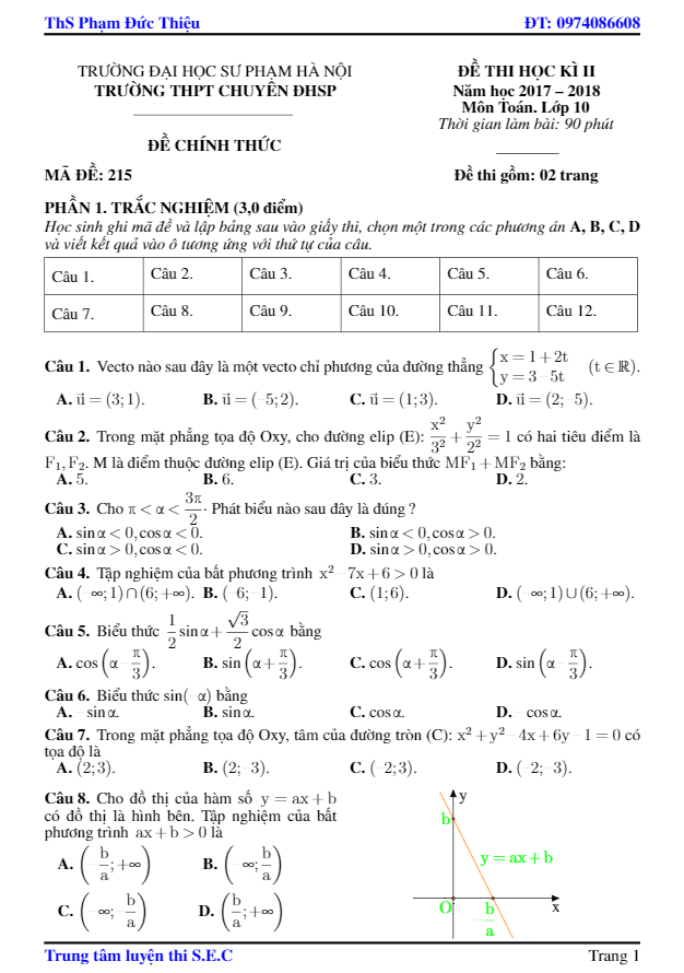 Đề thi học kì 2 (HK2) lớp 10 môn Toán năm học 2017 2018 trường THPT chuyên ĐHSP Hà Nội