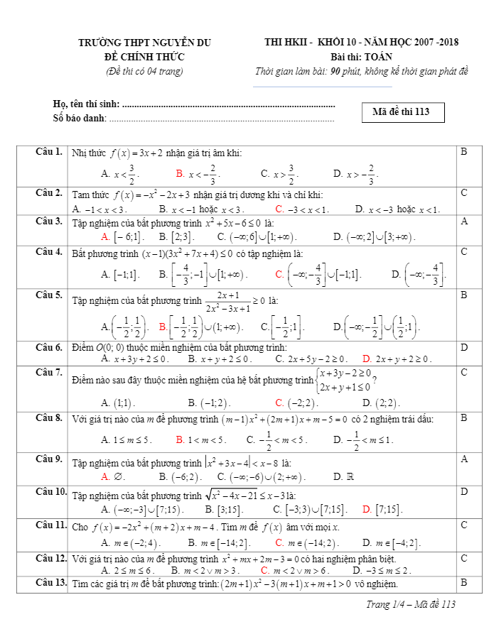 Đề thi học kì 2 (HK2) lớp 10 môn Toán năm học 2017 2018 trường THPT Nguyễn Du Phú Yên