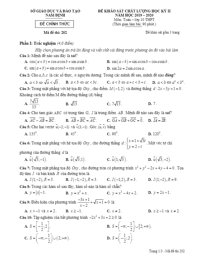 Đề thi học kì 2 (HK2) lớp 10 môn Toán năm học 2019 2020 sở GD ĐT Nam Định