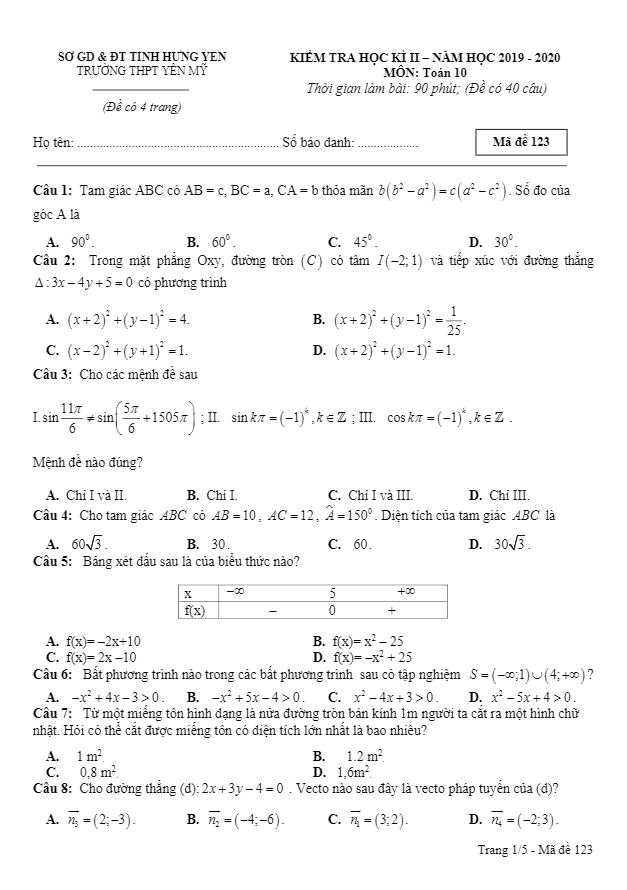 Đề thi học kì 2 (HK2) lớp 10 môn Toán năm học 2019 2020 trường THPT Yên Mỹ Hưng Yên