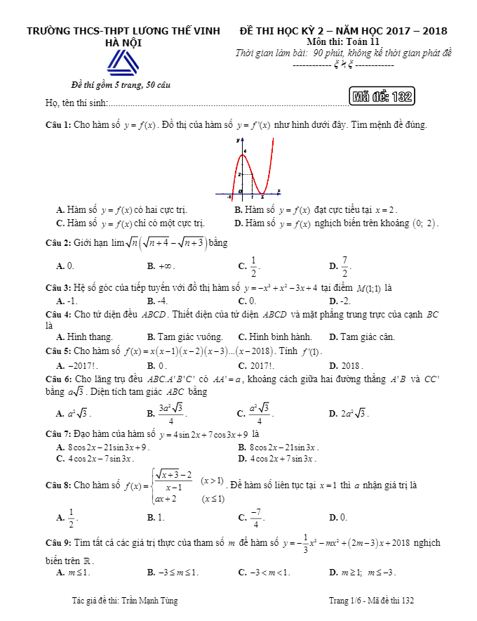 Đề thi học kì 2 (HK2) lớp 11 môn Toán năm 2017 2018 trường Lương Thế Vinh Hà Nội