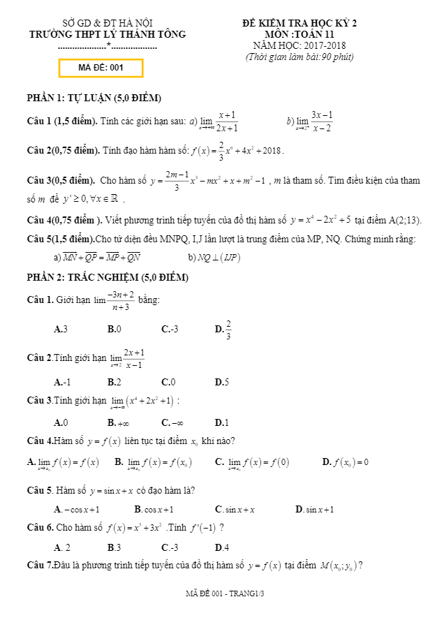Đề thi học kì 2 (HK2) lớp 11 môn Toán năm 2017 2018 trường Lý Thánh Tông Hà Nội