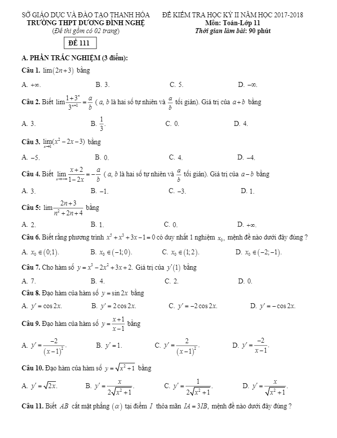 Đề thi học kì 2 (HK2) lớp 11 môn Toán năm 2017 2018 trường THPT Dương Đình Nghệ Thanh Hóa