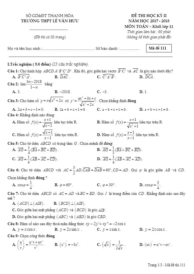 Đề thi học kì 2 (HK2) lớp 11 môn Toán năm 2017 2018 trường THPT Lê Văn Hưu Thanh Hóa