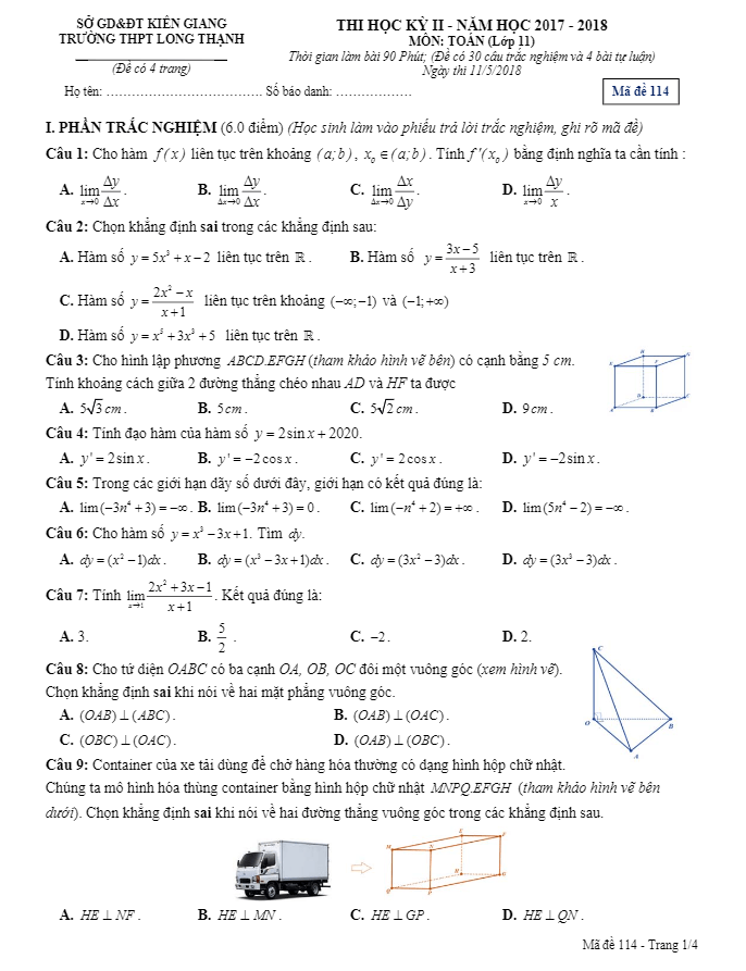 Đề thi học kì 2 (HK2) lớp 11 môn Toán năm 2017 2018 trường THPT Long Thạnh Kiên Giang