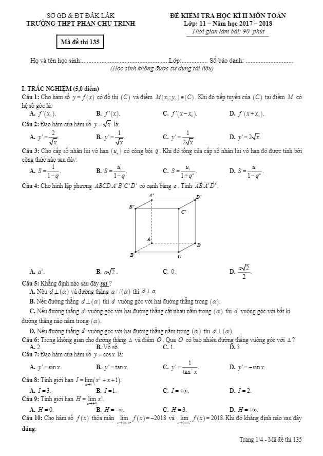 Đề thi học kì 2 (HK2) lớp 11 môn Toán năm 2017 2018 trường THPT Phan Chu Trinh Đắk Lắk