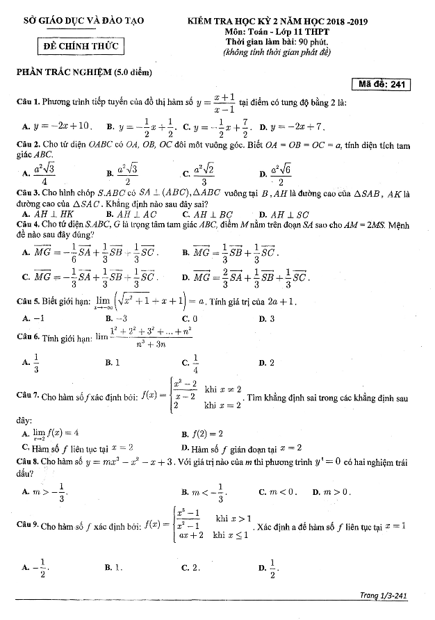 Đề thi học kì 2 (HK2) lớp 11 môn Toán năm 2018 2019 sở GD ĐT Bình Dương