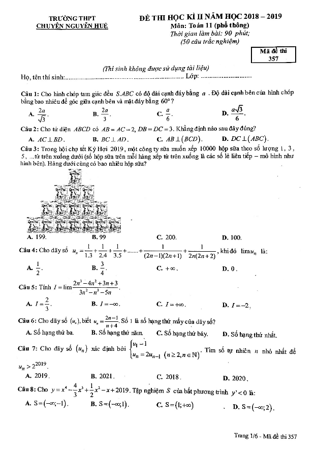 Đề thi học kì 2 (HK2) lớp 11 môn Toán năm 2018 2019 trường chuyên Nguyễn Huệ Hà Nội
