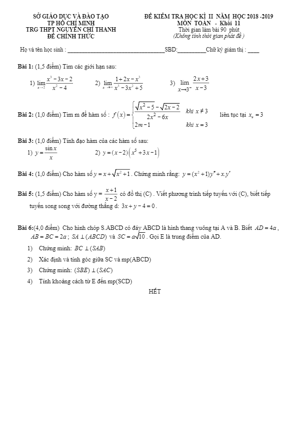 Đề thi học kì 2 (HK2) lớp 11 môn Toán năm 2018 2019 trường THPT Nguyễn Chí Thanh TP HCM
