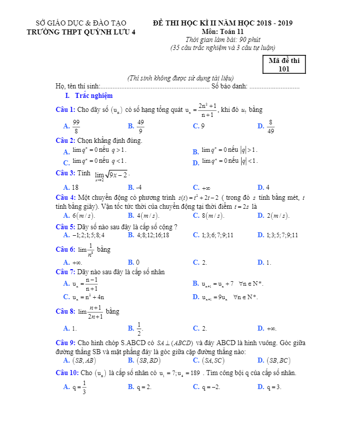 Đề thi học kì 2 (HK2) lớp 11 môn Toán năm 2018 2019 trường THPT Quỳnh Lưu 4 Nghệ An