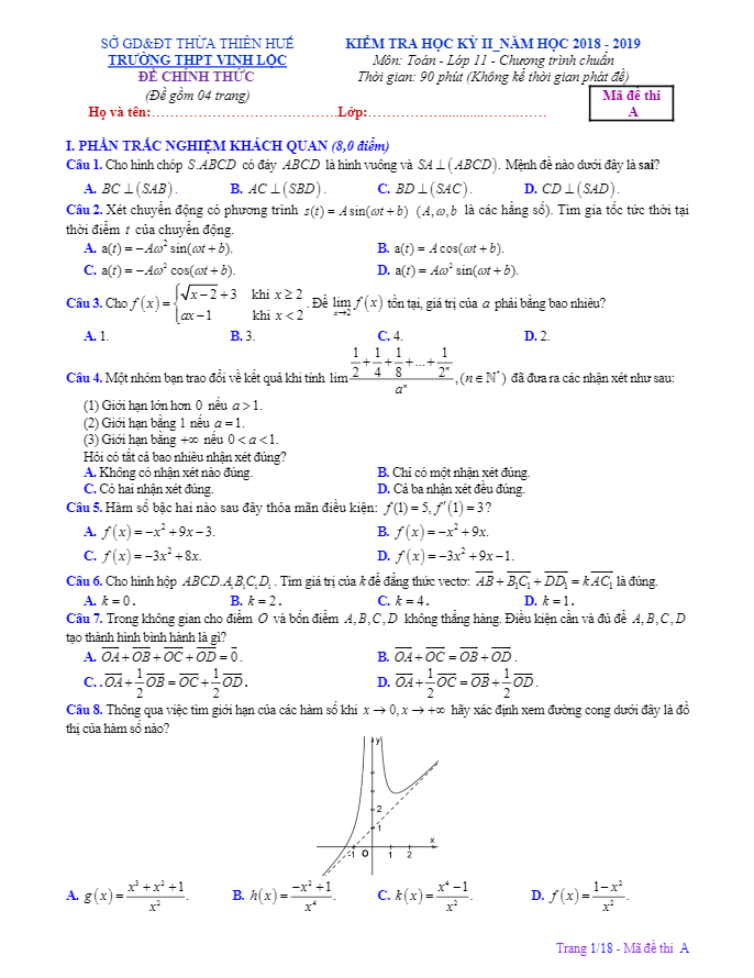 Đề thi học kì 2 (HK2) lớp 11 môn Toán năm 2018 2019 trường THPT Vinh Lộc TT Huế
