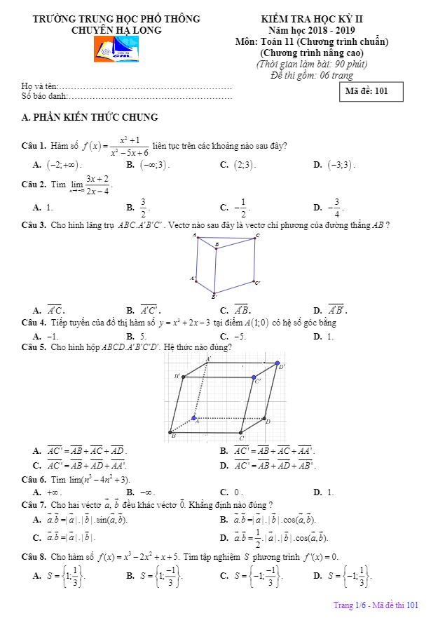 Đề thi học kì 2 (HK2) lớp 11 môn Toán năm 2018 – 2019 trường chuyên Hạ Long Quảng Ninh